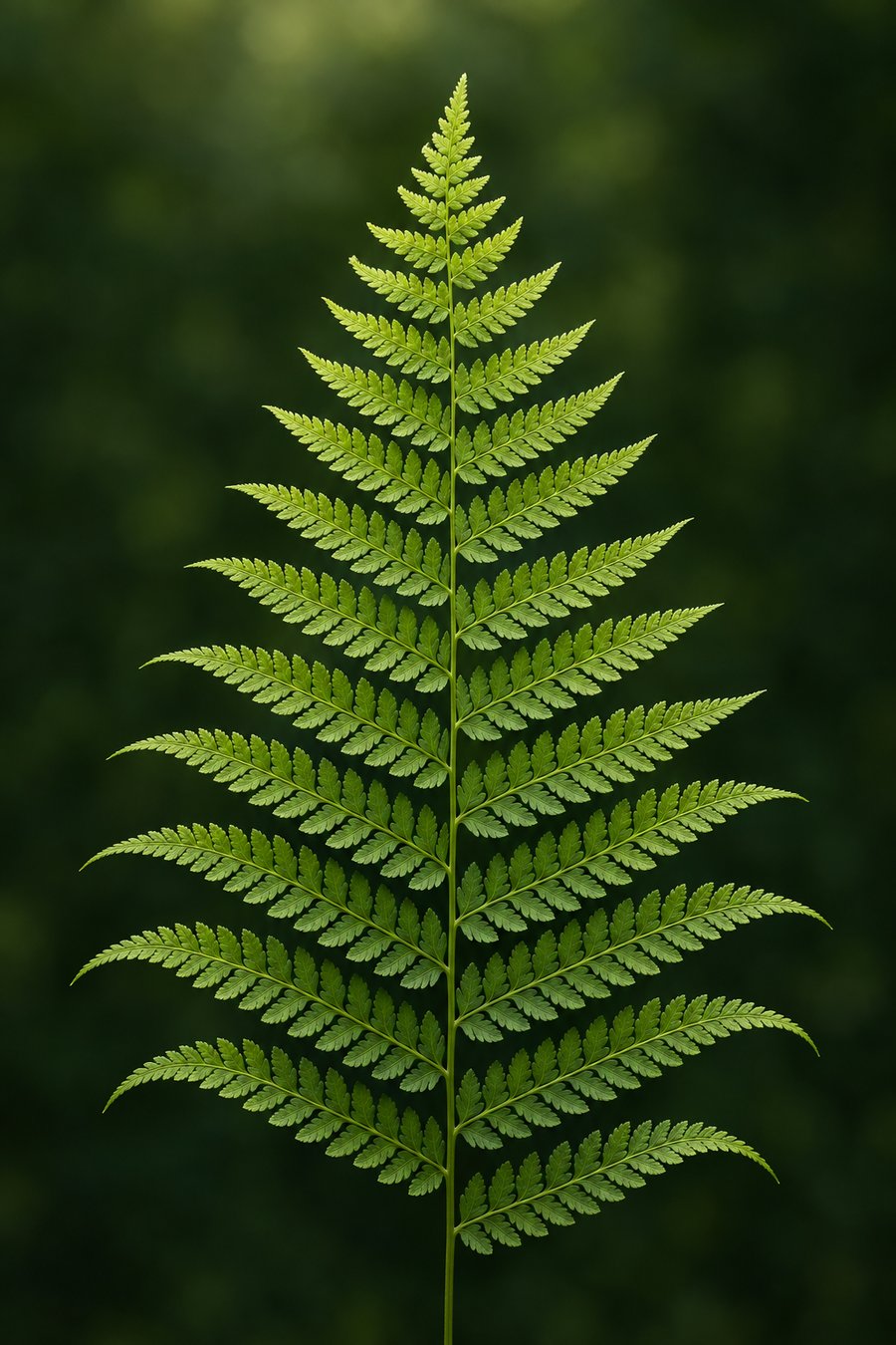 A fern frond arching forward over a misty field of ferns
